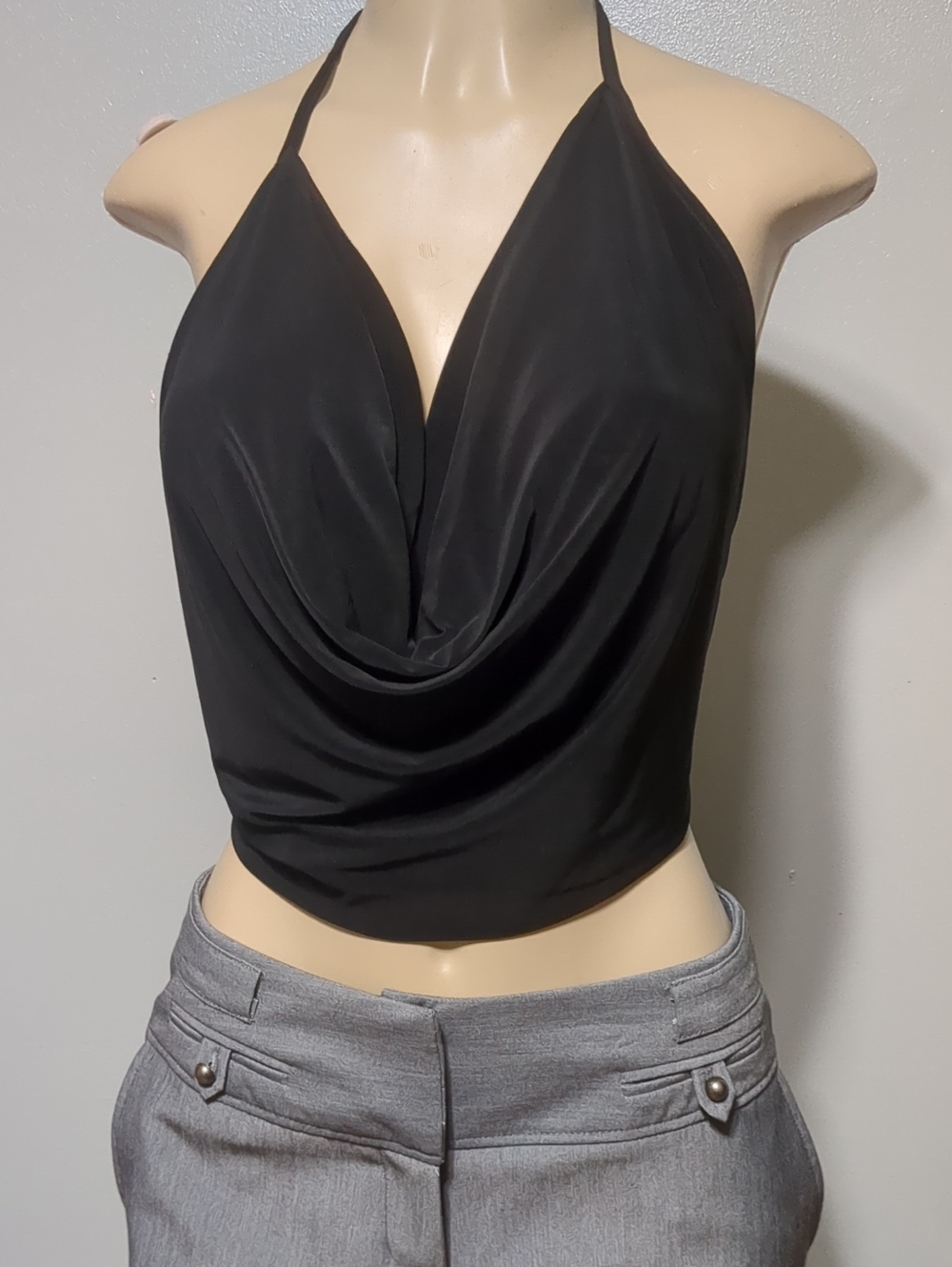 Vintage Y2K Body Central Black Draped Cowl Neck Halter Top, Small-Open Back